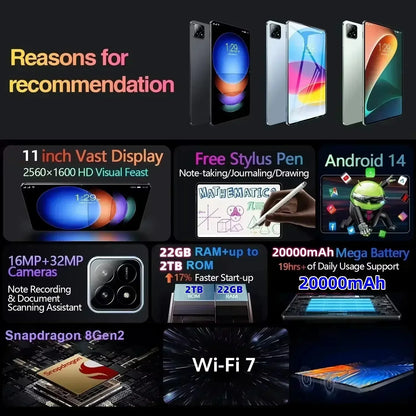 Tablette Android 14 Pad 7 Pro 11 pouces 4K HD 16Go 1To 5G WiFi